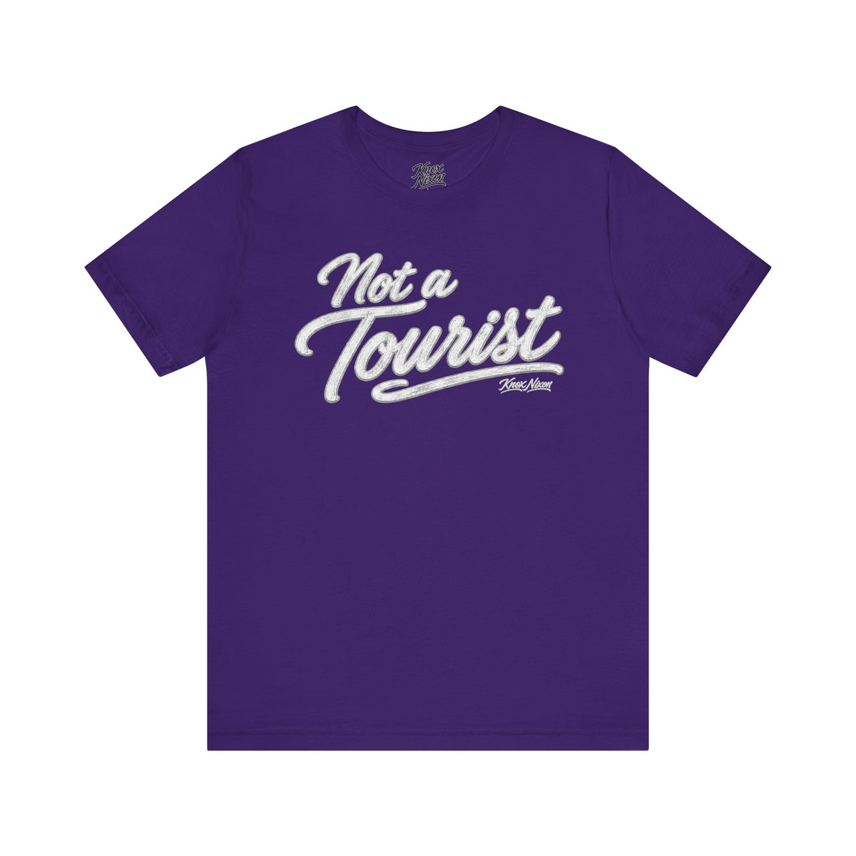 Knox Nixon NOT A TOURIST retro script graphic T-shirt in purple