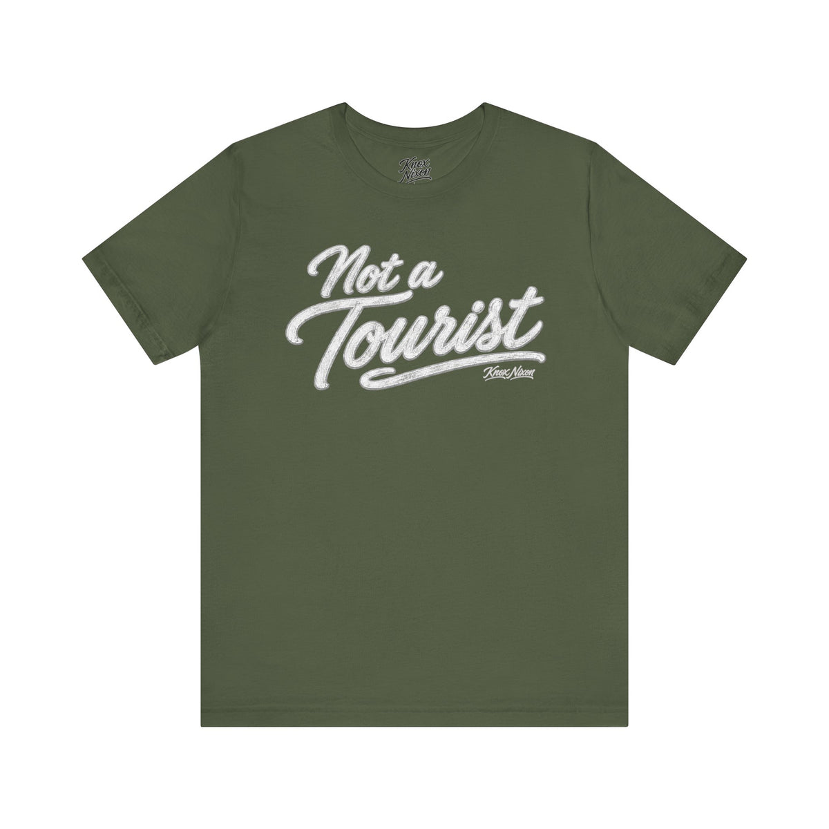 Knox Nixon NOT A TOURIST script graphic T-shirt in military green