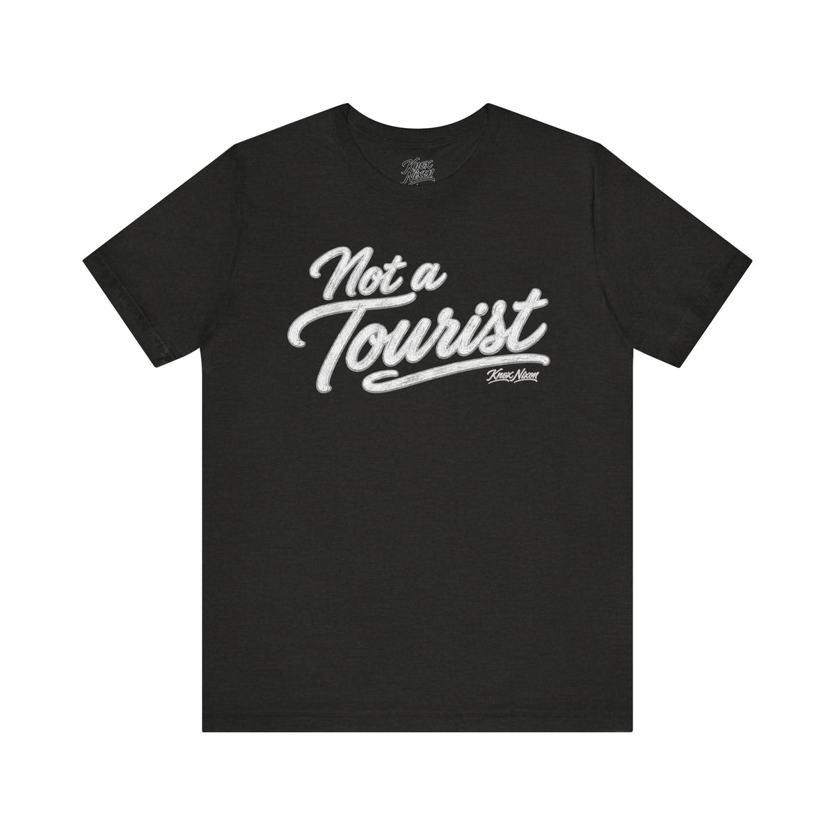 Knox Nixon NOT A TOURIST vintage script graphic T-shirt in black heather