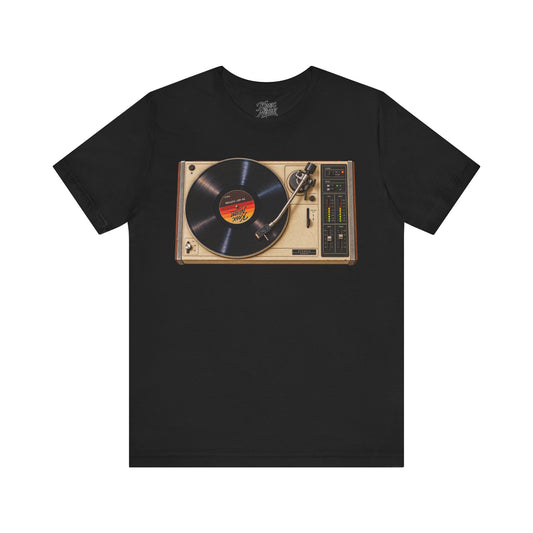 Knox Nixon OFF THE RECORD vintage turntable graphic T-shirt in black