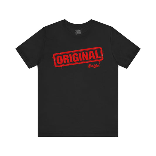 Knox Nixon ORIGINAL distressed red rubber stamp graphic T-shirt in black