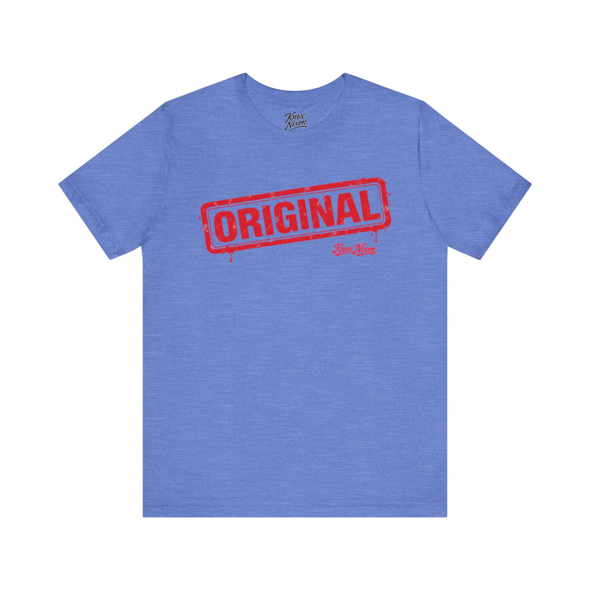 Knox Nixon ORIGINAL vintage red rubber stamp T-shirt in heather blue