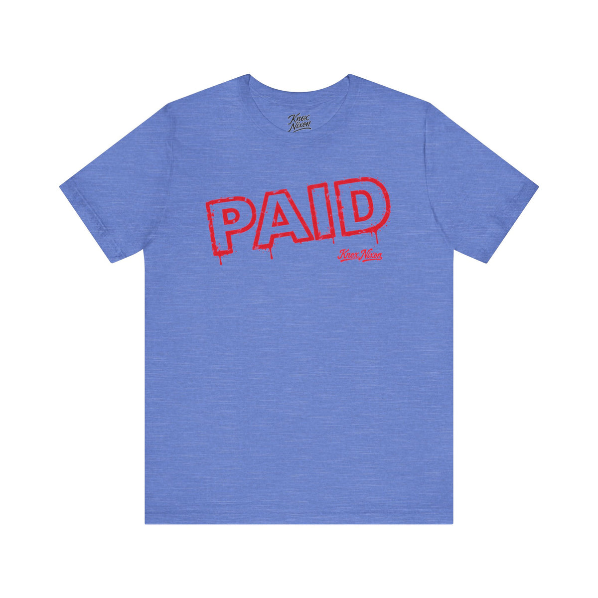 Knox Nixon PAID vintage red rubber stamp T-shirt in heather blue