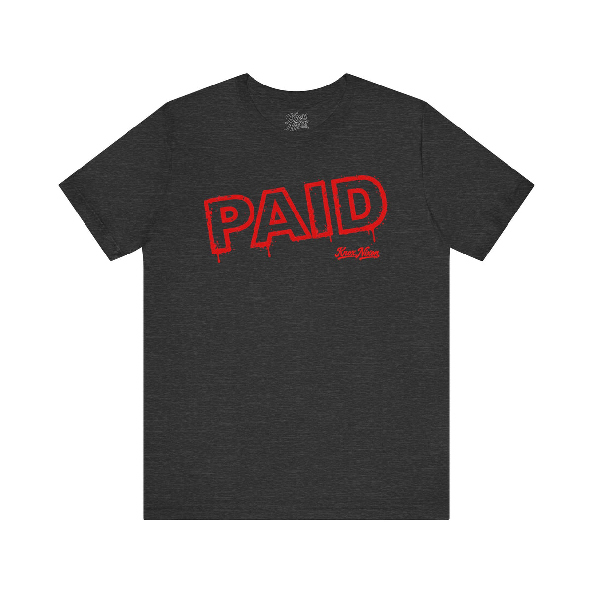 Knox Nixon PAID vintage rubber stamp T-shirt in dark grey heather