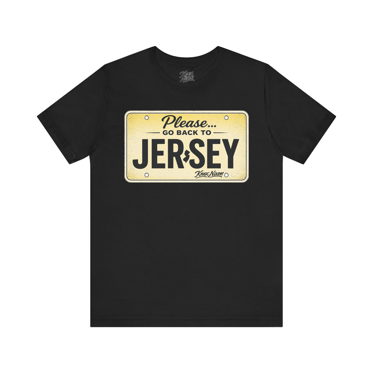 Knox Nixon Please Go Back To Jersey vintage license plate graphic T-shirt in black