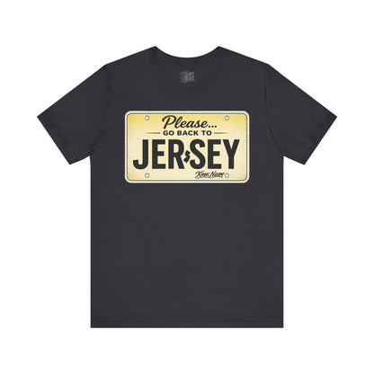 Knox Nixon Please Go Back To Jersey vintage license plate graphic T-shirt in dark grey