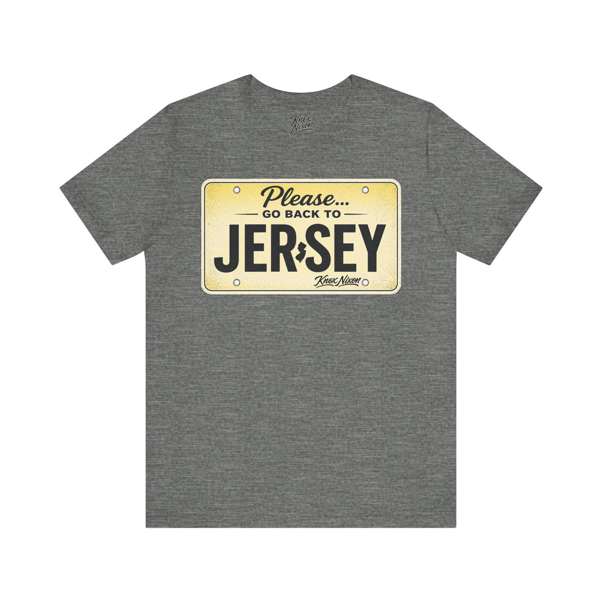 Knox Nixon Please Go Back To Jersey vintage license plate graphic T-shirt in deep heather grey