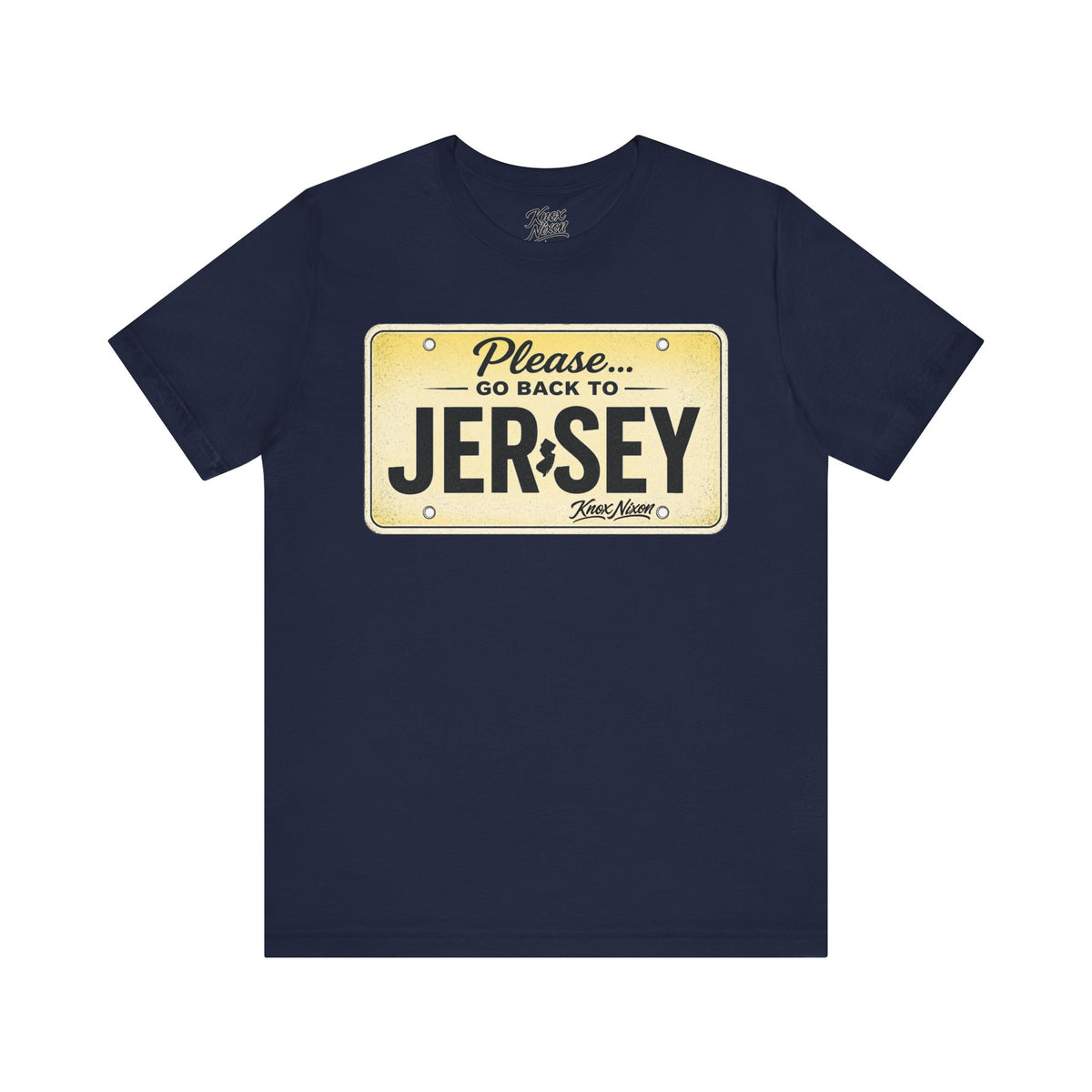 Knox Nixon Please Go Back To Jersey vintage license plate graphic T-shirt in navy blue