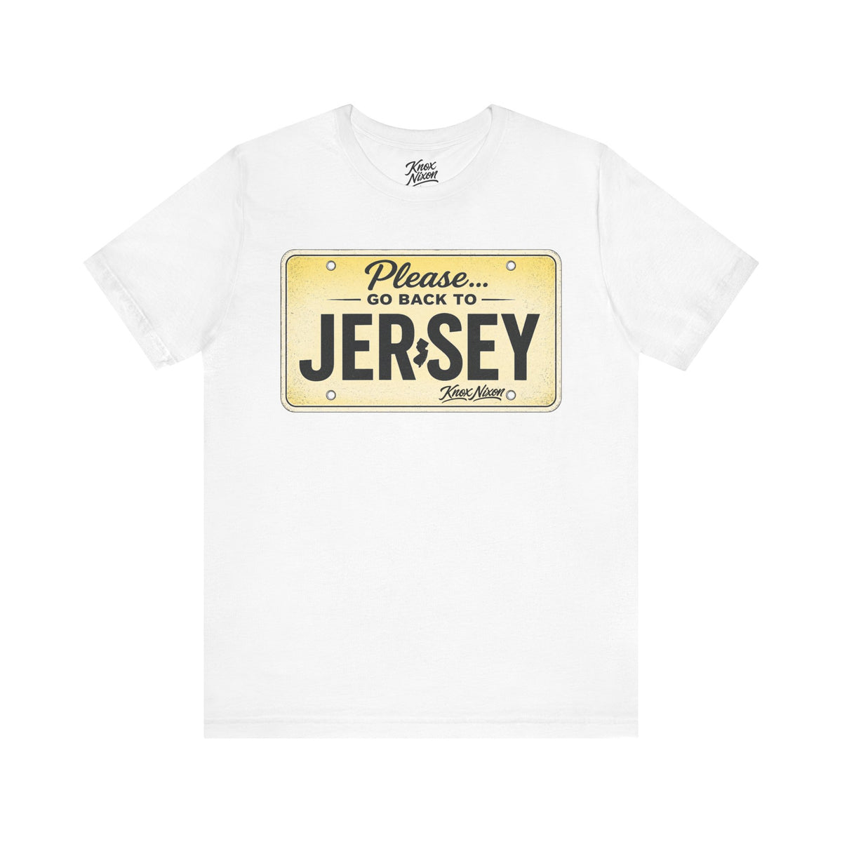 Knox Nixon Please Go Back To Jersey vintage license plate graphic T-shirt in white