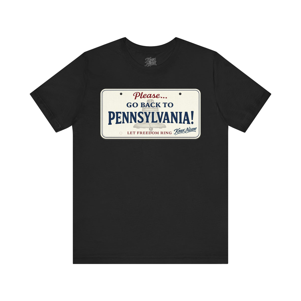 Knox Nixon Please Go Back To Pennsylvania New Plate license plate graphic T-shirt in black