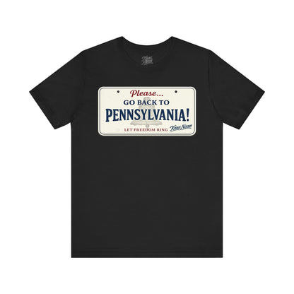 Knox Nixon Please Go Back To Pennsylvania New Plate license plate graphic T-shirt in black