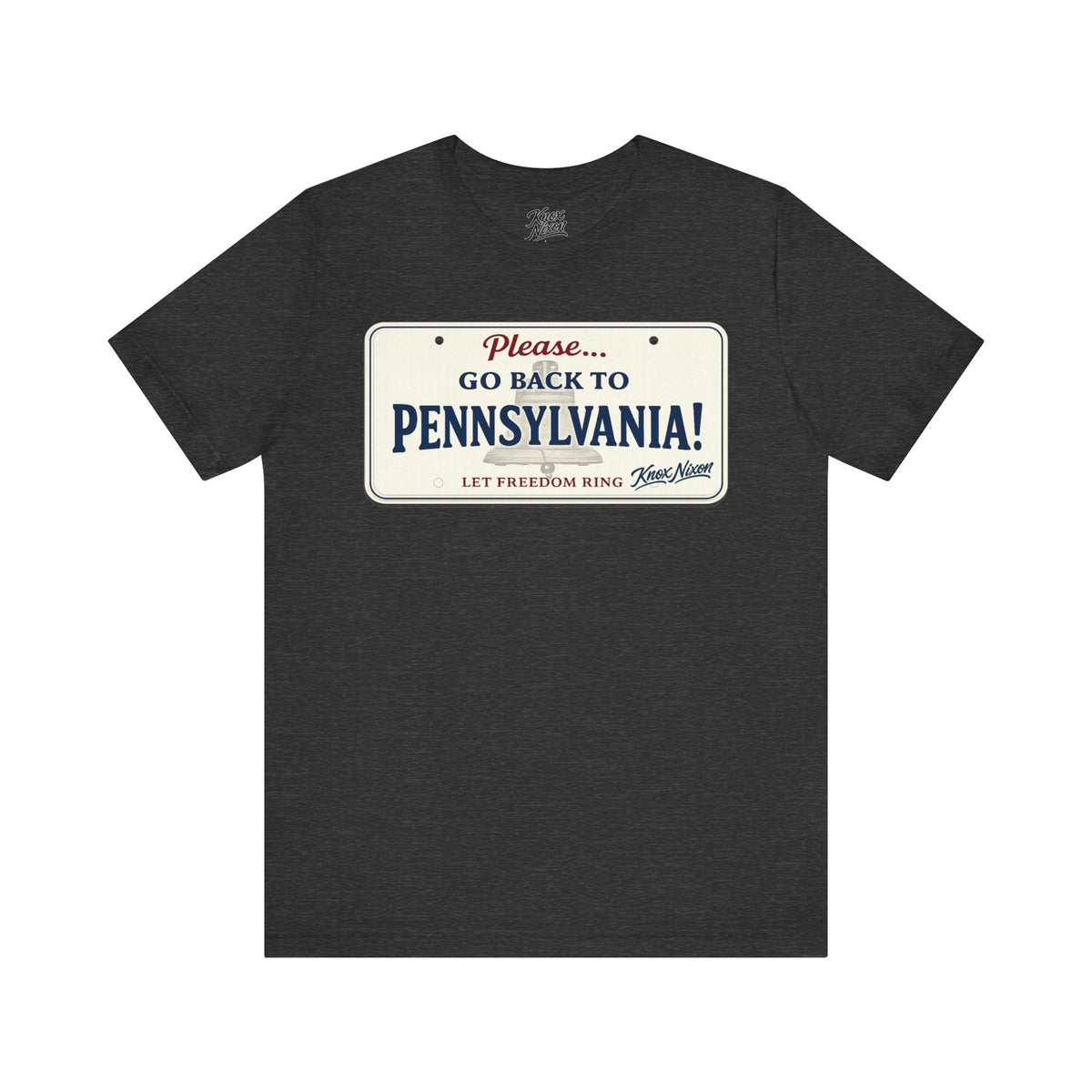 Knox Nixon Please Go Back To Pennsylvania New Plate license plate graphic T-shirt in dark grey heather