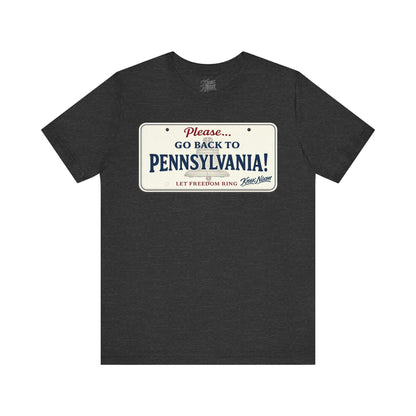 Knox Nixon Please Go Back To Pennsylvania New Plate license plate graphic T-shirt in dark grey heather