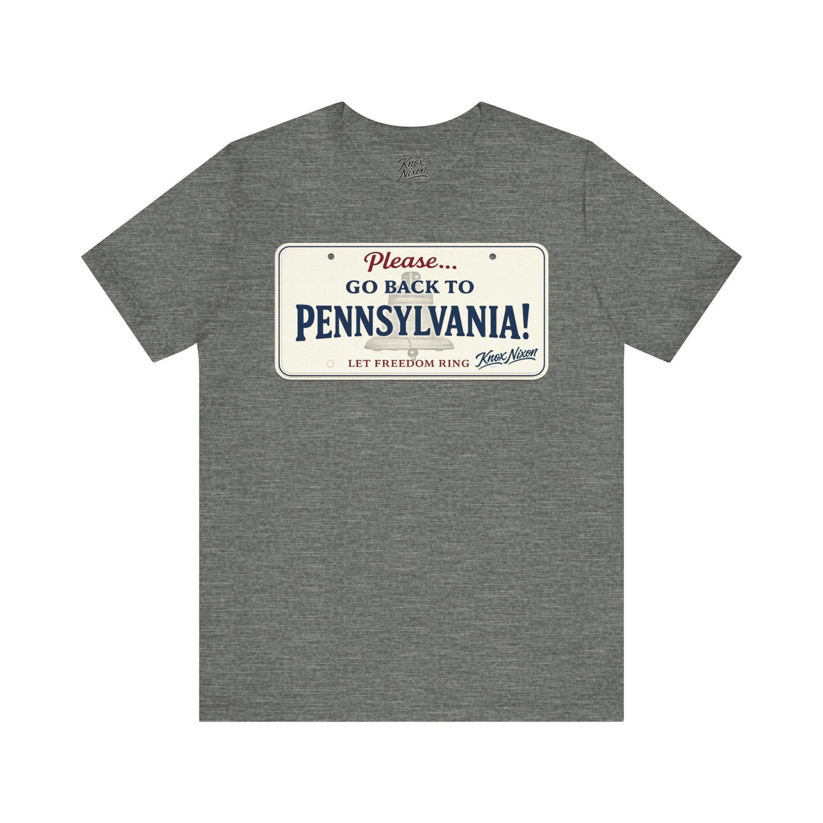 Knox Nixon Please Go Back To Pennsylvania New Plate license plate graphic T-shirt in deep heather grey