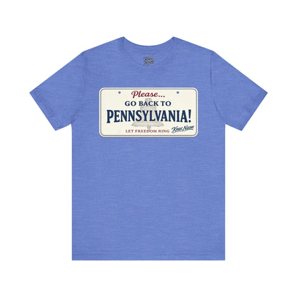 Knox Nixon Please Go Back To Pennsylvania New Plate license plate graphic T-shirt in heather Columbia blue