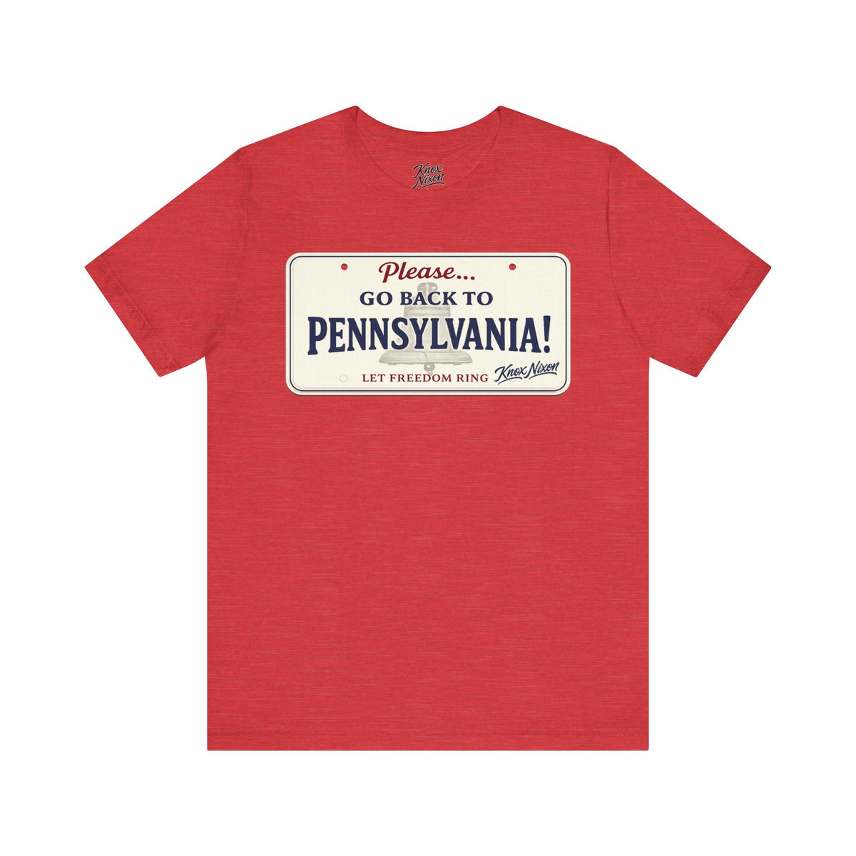 Knox Nixon Please Go Back To Pennsylvania New Plate license plate graphic T-shirt in heather red