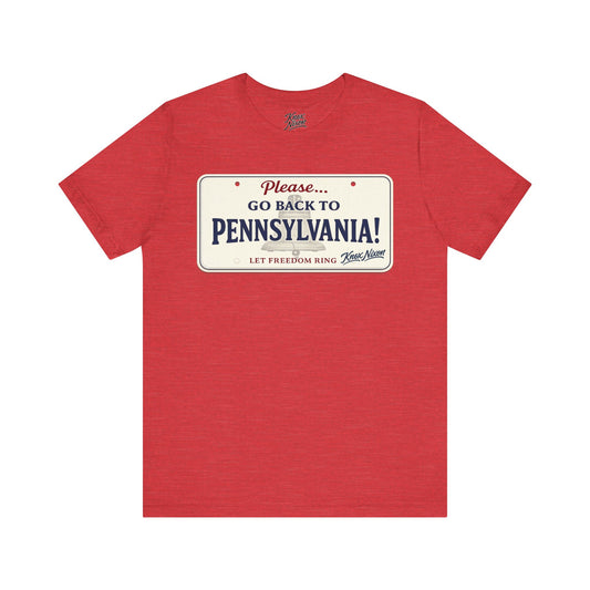Knox Nixon Please Go Back To Pennsylvania New Plate license plate graphic T-shirt in heather red