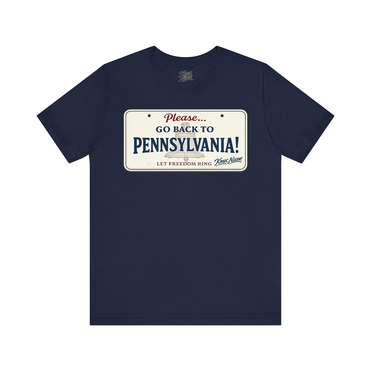 Knox Nixon Please Go Back To Pennsylvania New Plate license plate graphic T-shirt in navy blue
