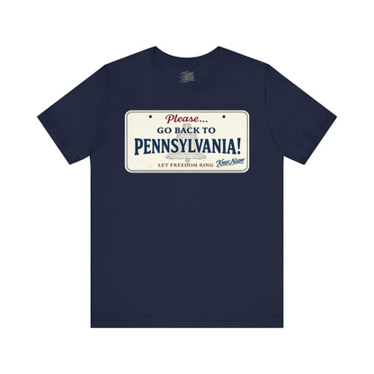 Knox Nixon Please Go Back To Pennsylvania New Plate license plate graphic T-shirt in navy blue