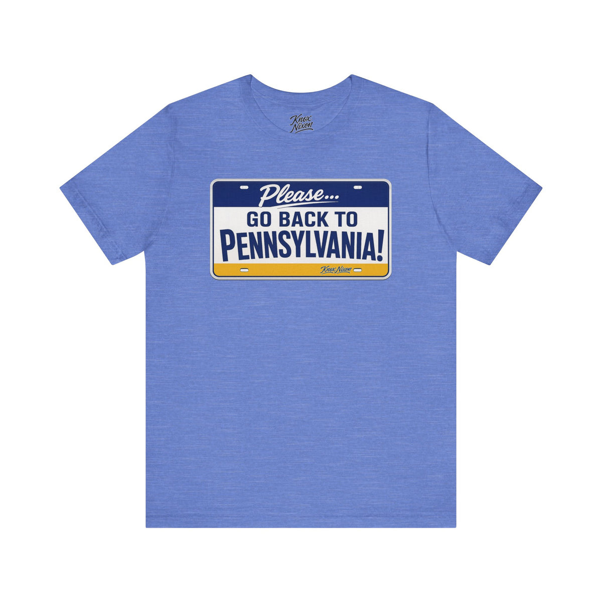 Knox Nixon Please Go Back To Pennsylvania Original Plate graphic T-shirt in heather Columbia blue