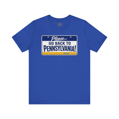 Knox Nixon Please Go Back To Pennsylvania Original Plate graphic T-shirt in true royal blue