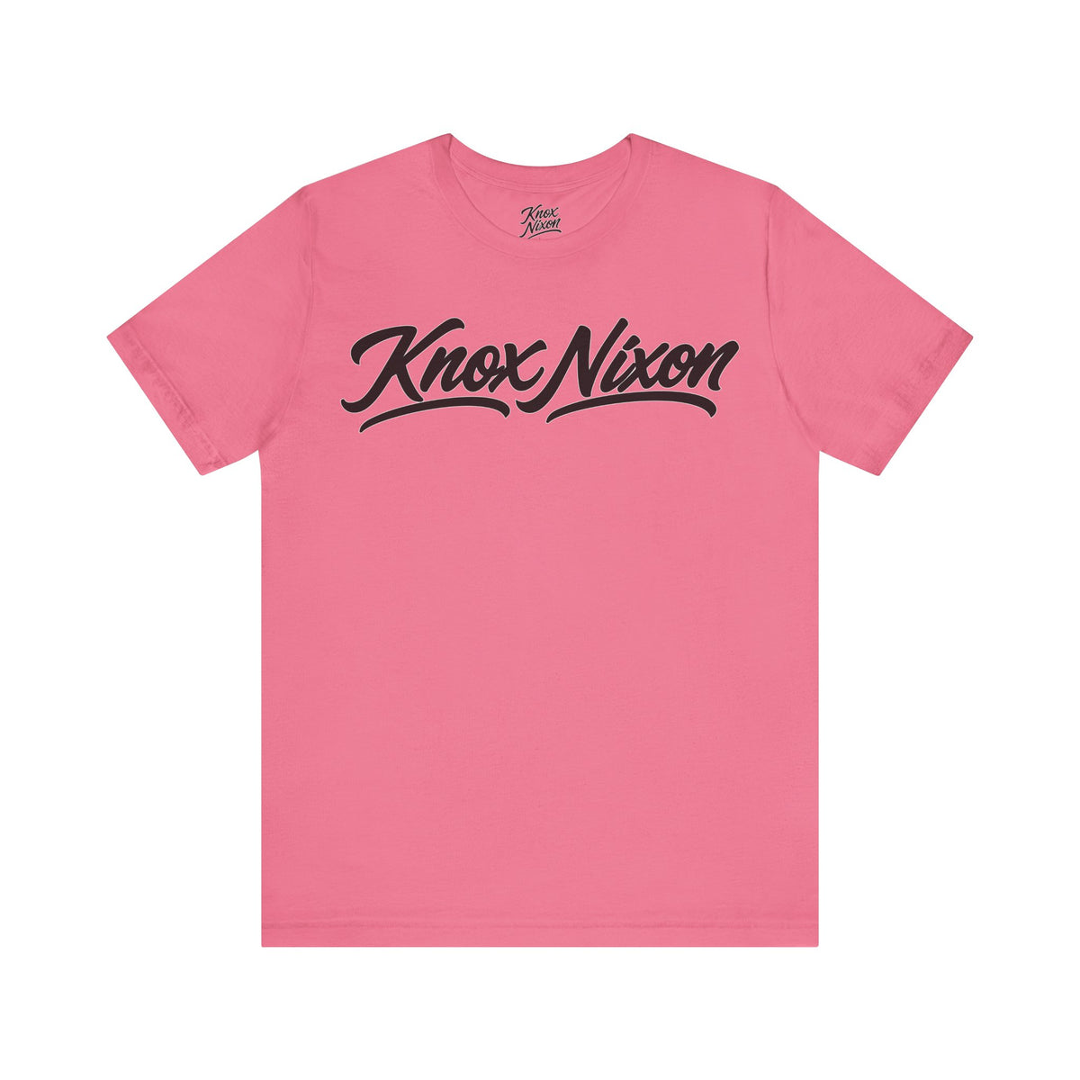 Knox Nixon Signature Script Dark logo graphic T-shirt in charity pink