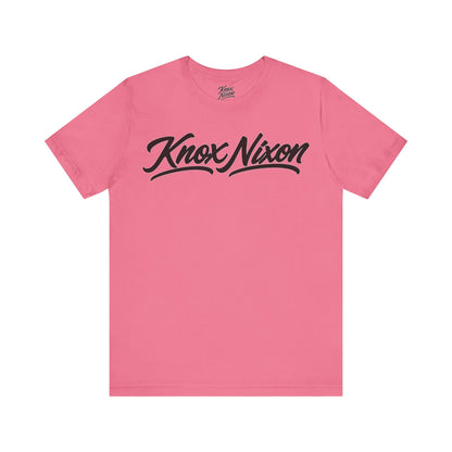 Knox Nixon Signature Script Dark logo graphic T-shirt in charity pink
