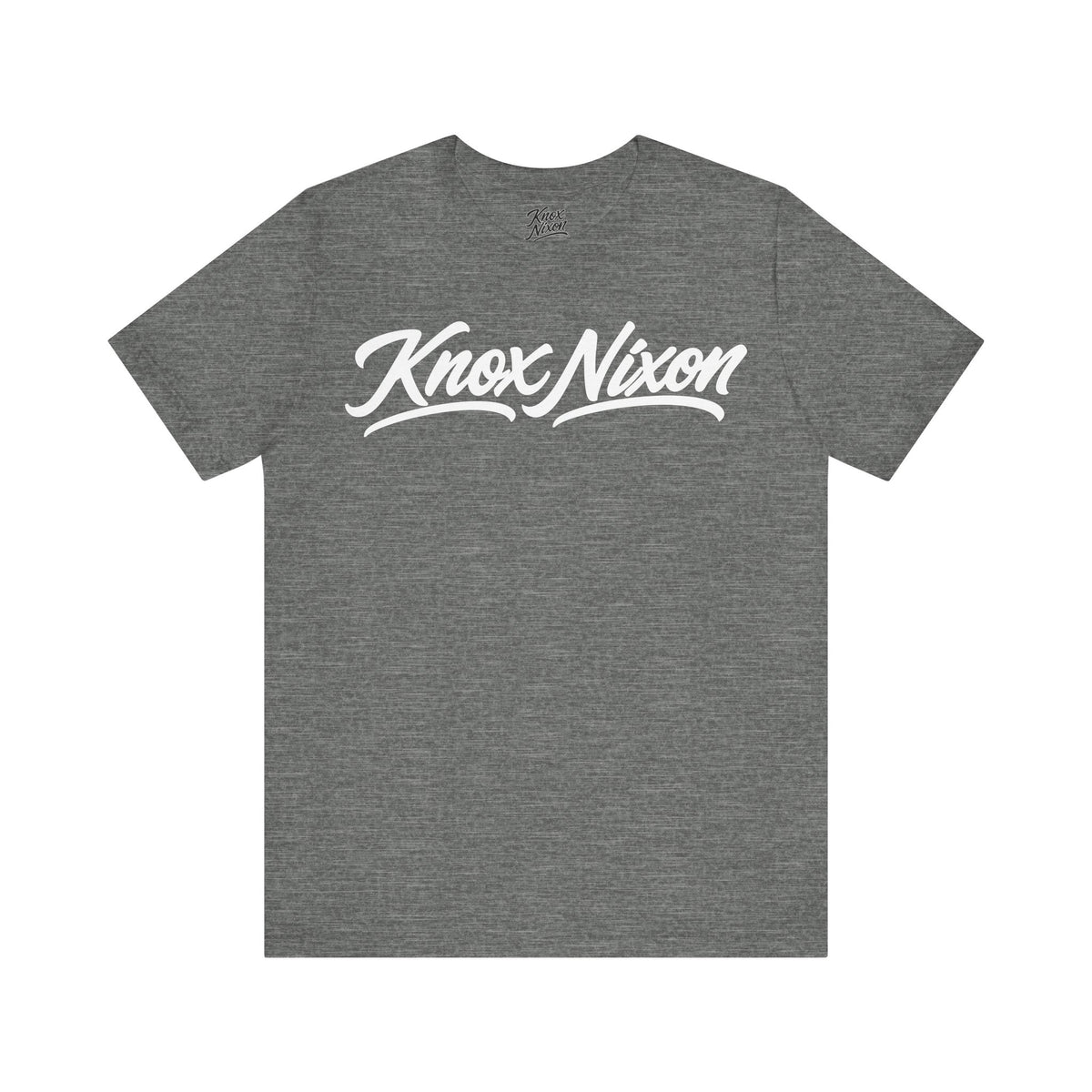 Knox Nixon Signature Script logo graphic T-shirt in dark grey heather
