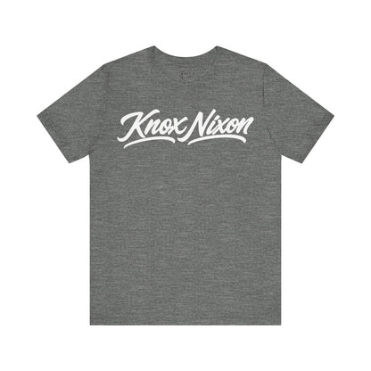 Knox Nixon Signature Script logo graphic T-shirt in dark grey heather
