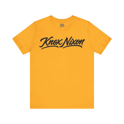 Knox Nixon Signature Script Dark logo graphic T-shirt in yellow gold