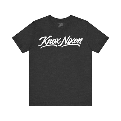 Knox Nixon Signature Script logo graphic T-shirt in deep heather grey