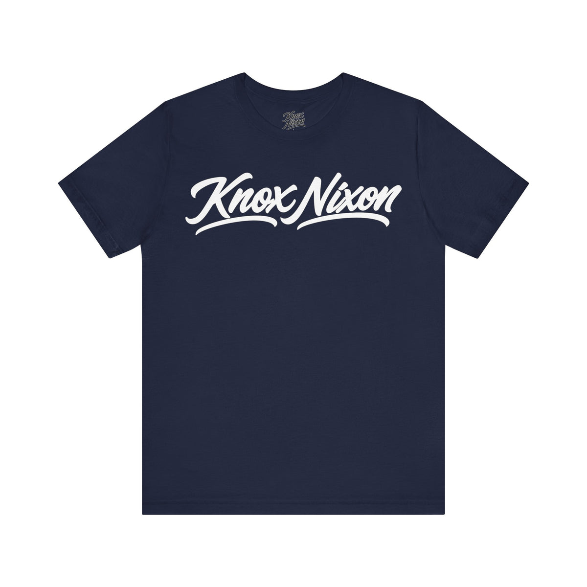 Knox Nixon Signature Script logo graphic T-shirt in navy blue
