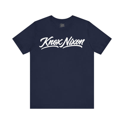 Knox Nixon Signature Script logo graphic T-shirt in navy blue
