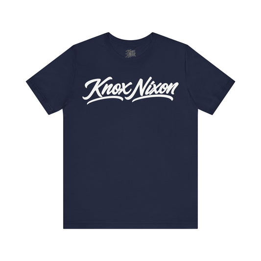 Knox Nixon Signature Script logo graphic T-shirt in navy blue
