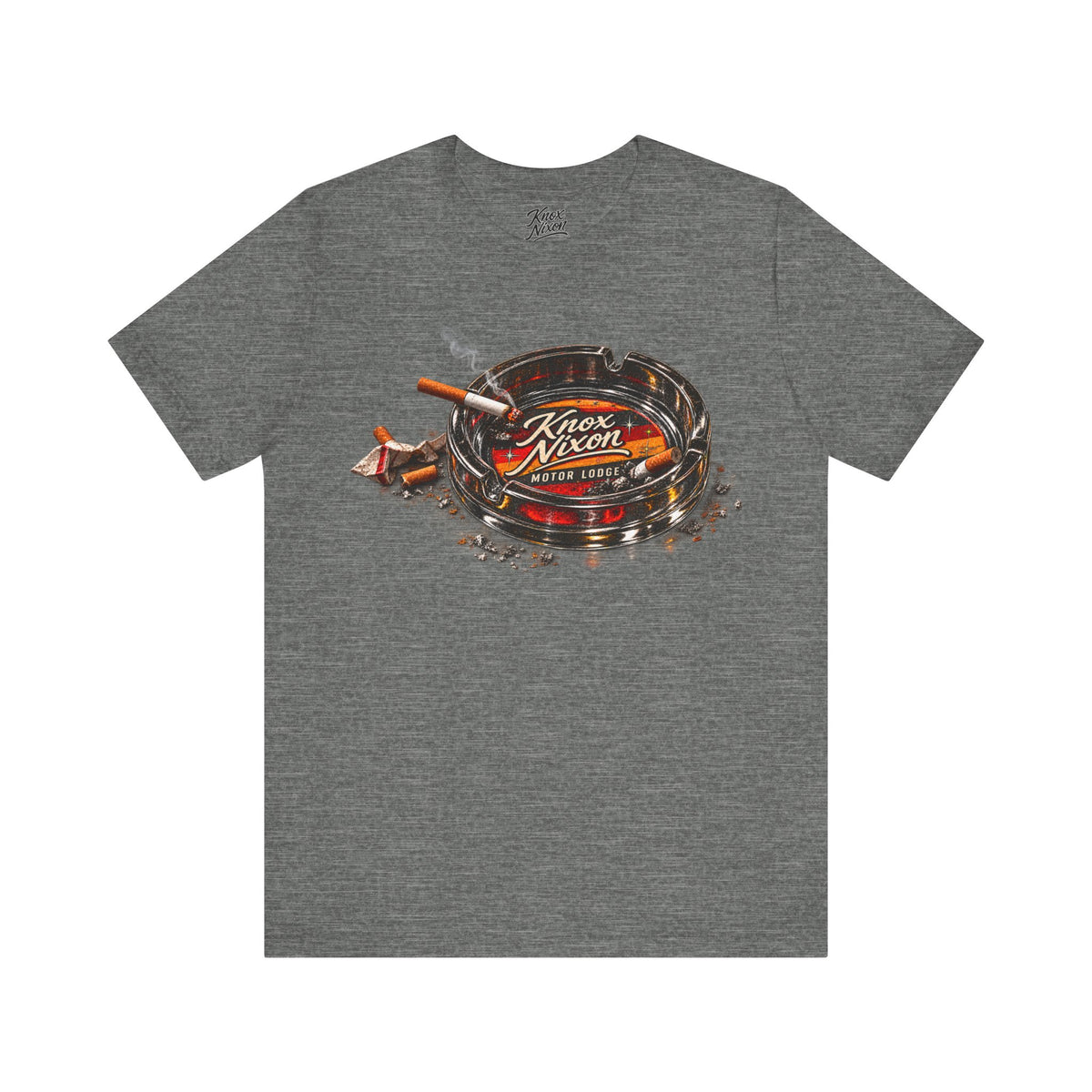 Knox Nixon Smoking Room vintage motel ashtray graphic T-shirt in deep heather grey