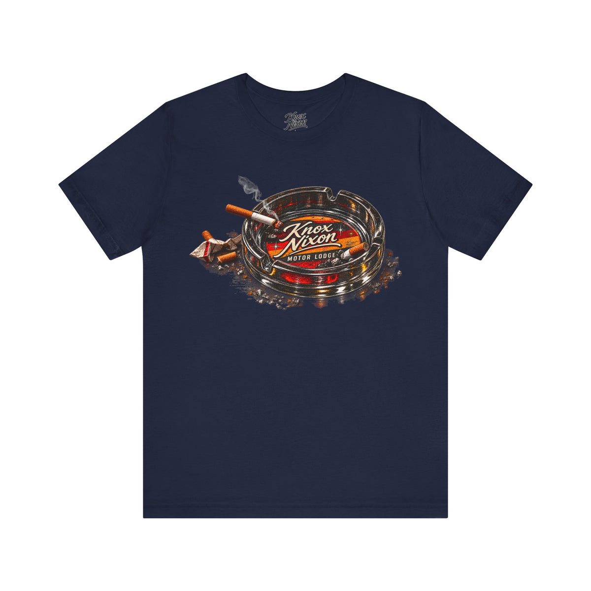 Knox Nixon Smoking Room vintage motel ashtray graphic T-shirt in navy blue
