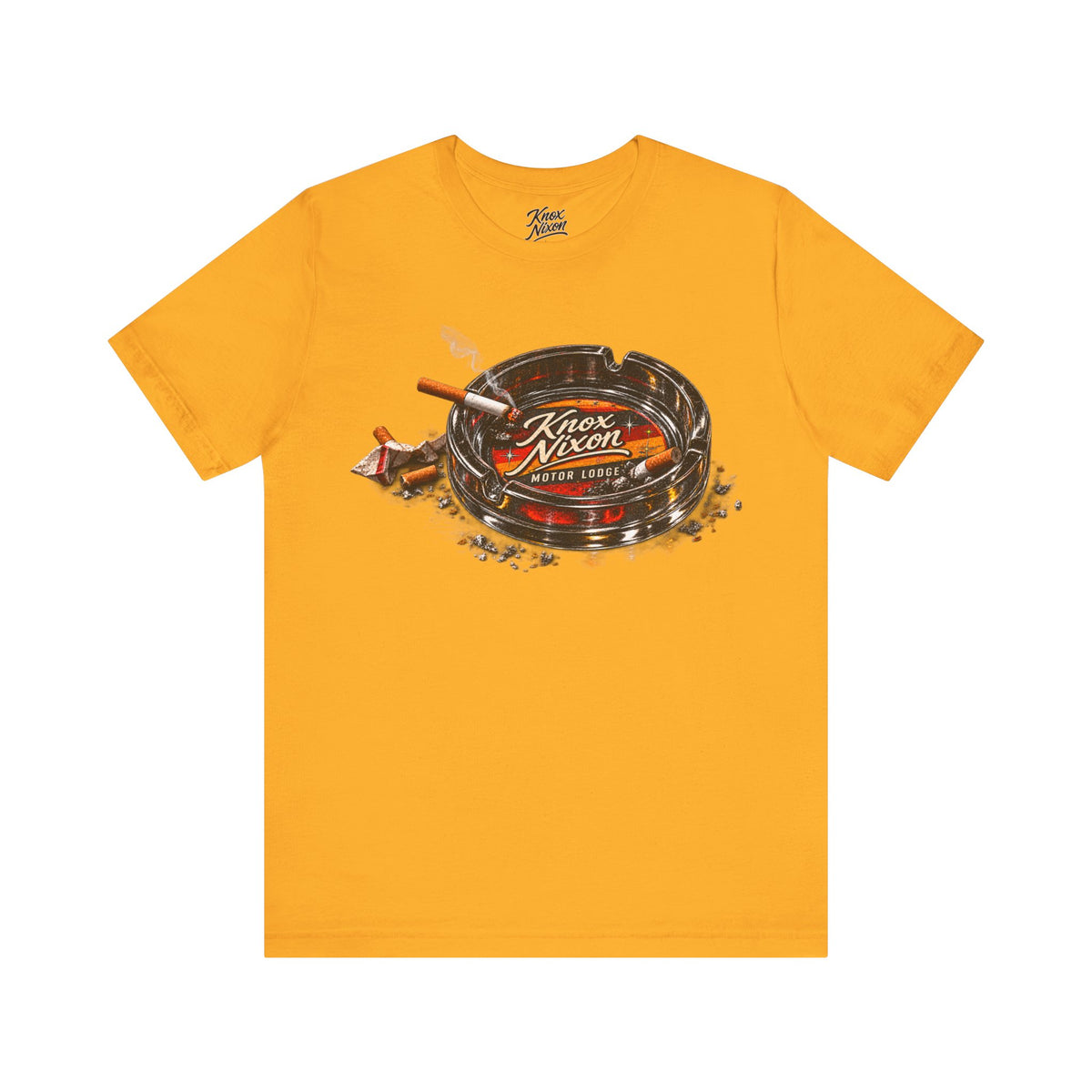 Knox Nixon Smoking Room vintage motel ashtray graphic T-shirt in yellow gold