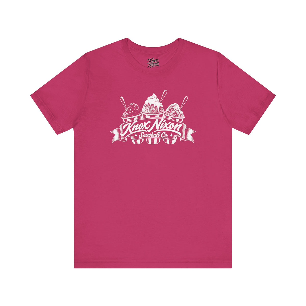 Knox Nixon Snowball Co. retro sno-ball graphic T-shirt in berry pink