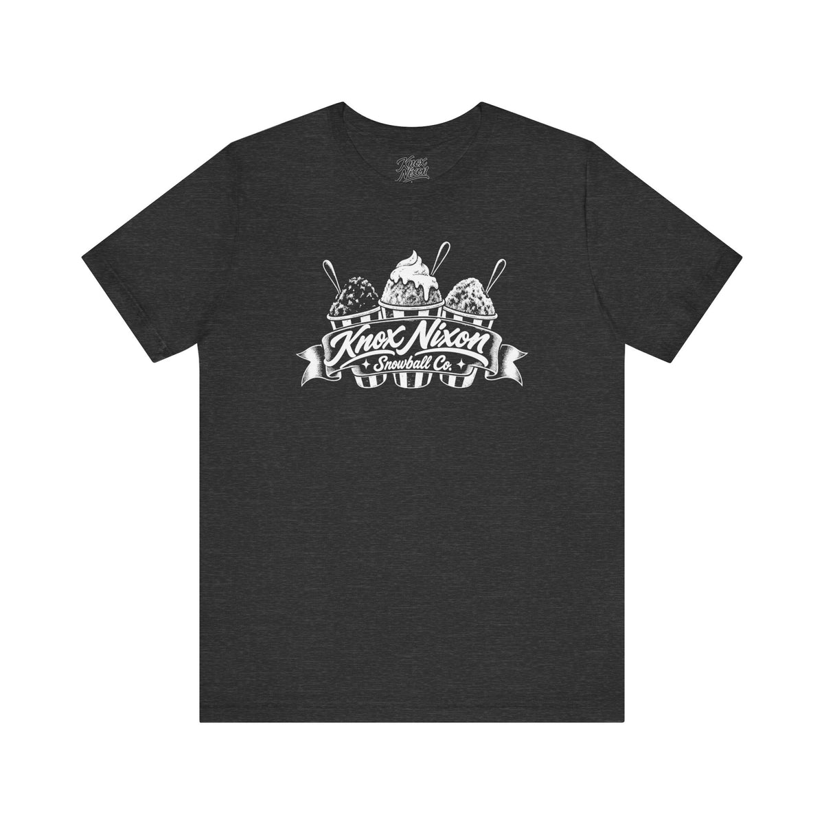 Knox Nixon Snowball Co. three sno-ball cup graphic T-shirt in dark grey heather