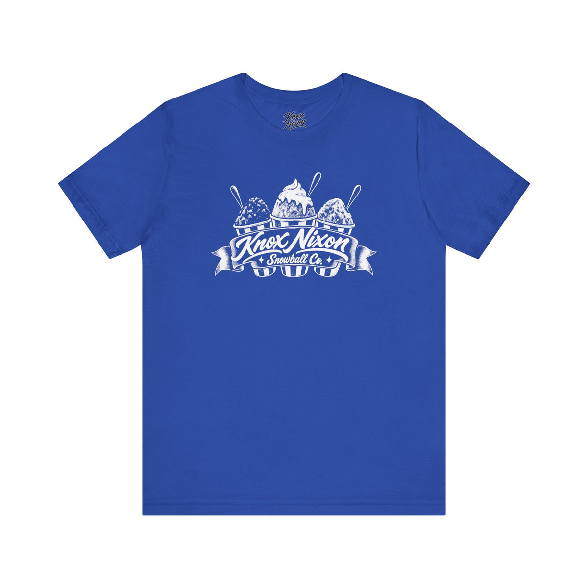 Knox Nixon Snowball Co. retro snowball shop graphic T-shirt in royal blue
