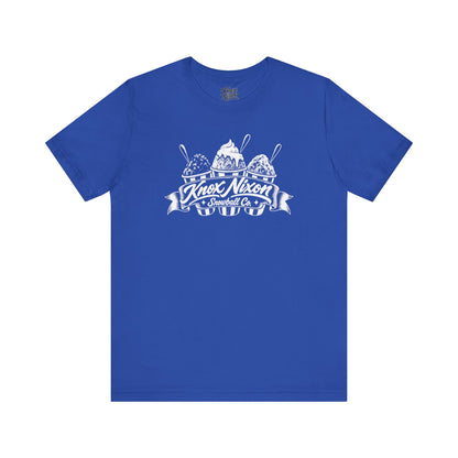Knox Nixon Snowball Co. retro snowball shop graphic T-shirt in royal blue