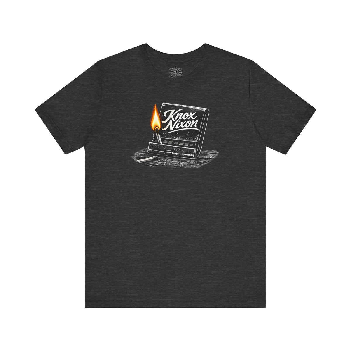 Knox Nixon Strike Anywhere vintage matchbook graphic T-shirt in dark grey heather