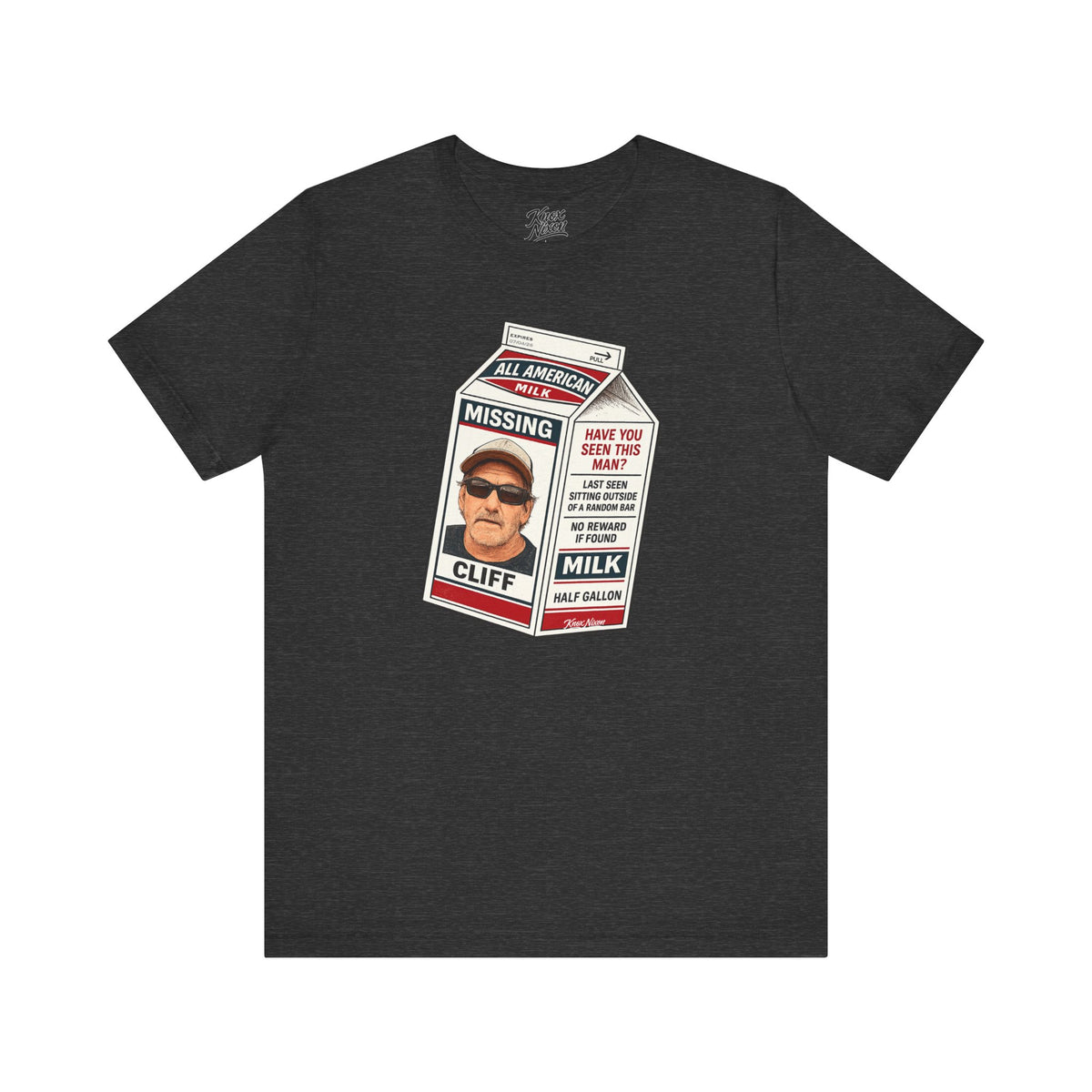 Knox Nixon Where In The Hell Is Cliff vintage milk carton graphic T-shirt in dark grey heather