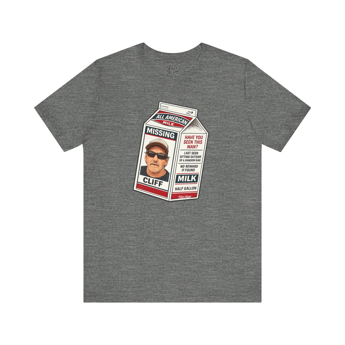 Knox Nixon Where In The Hell Is Cliff vintage milk carton graphic T-shirt in deep heather grey