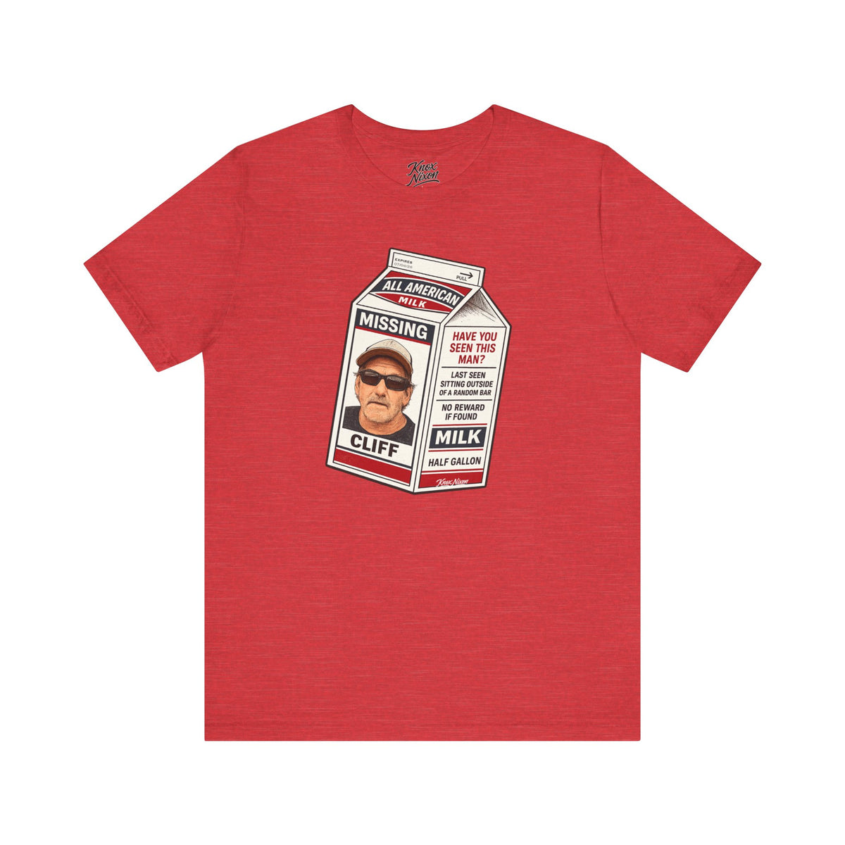 Knox Nixon Where In The Hell Is Cliff vintage milk carton graphic T-shirt in heather red