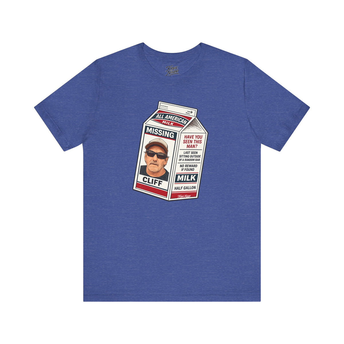 Knox Nixon Where In The Hell Is Cliff vintage milk carton graphic T-shirt in heather true royal blue