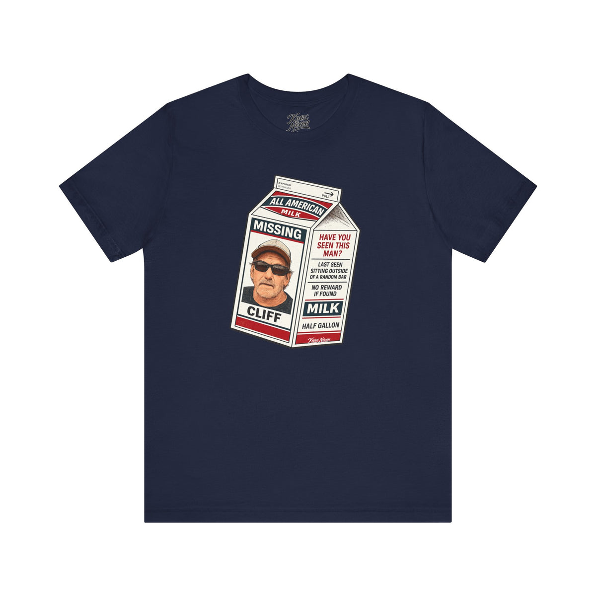 Knox Nixon Where In The Hell Is Cliff vintage milk carton graphic T-shirt in navy blue